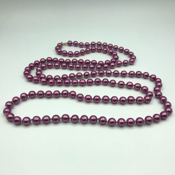 VINTAGE Rockabilly Long Purple Knotted Faux Pearl Bead Retro Necklace Festival - Picture 6 of 13